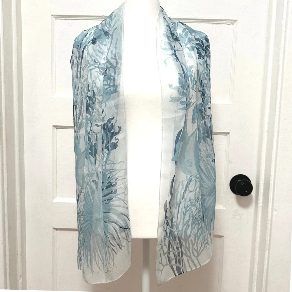 100% Silk Scarf Blue Tropical Print Made in Italy Atlantis Paradise Island 60x17